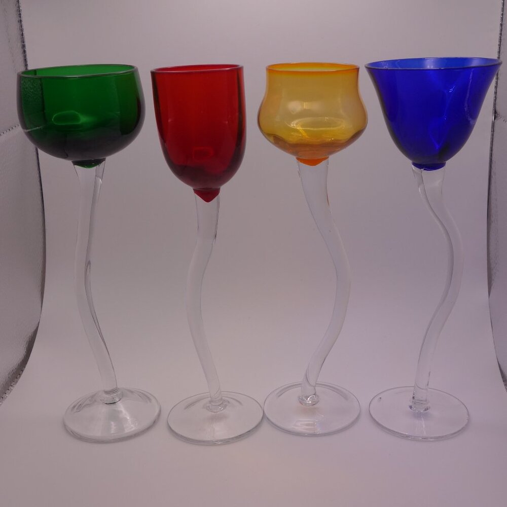 Set of Four(4) Off-Set Stem Red Blue Orange and Green Glasses